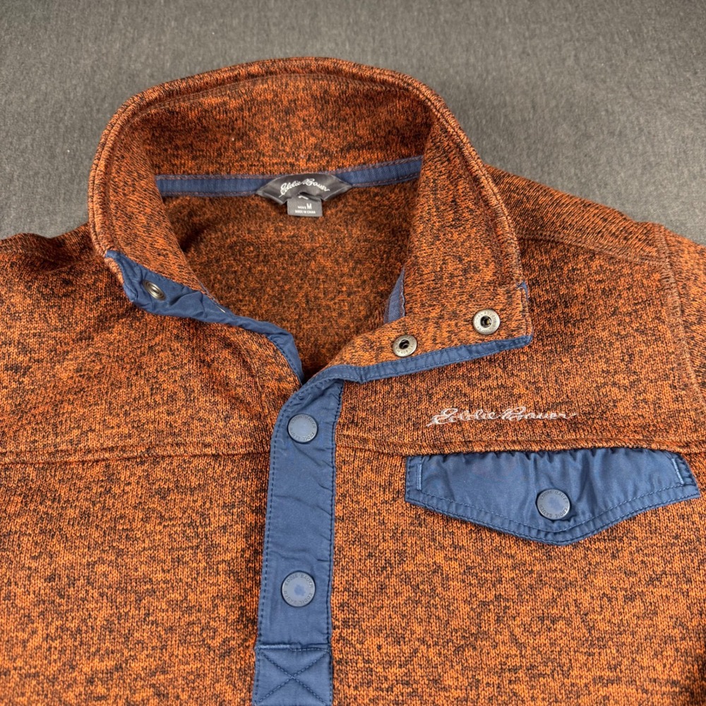 Eddie Bauer Mens‎ Sweater Fleece Pullover Burnt Orange Marl Snap Neck Size M